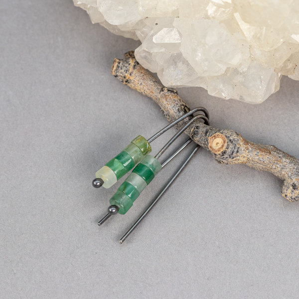Green Stone Silver Wire Threader Earrings, Dainty Chalcedony Earrings