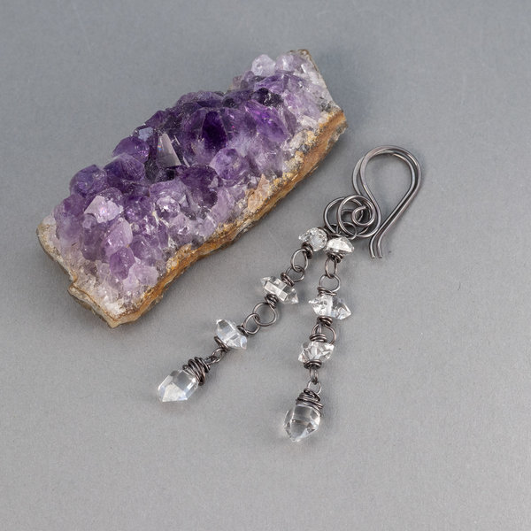 Herkimer Diamond Quartz Linked Dangle Earrings