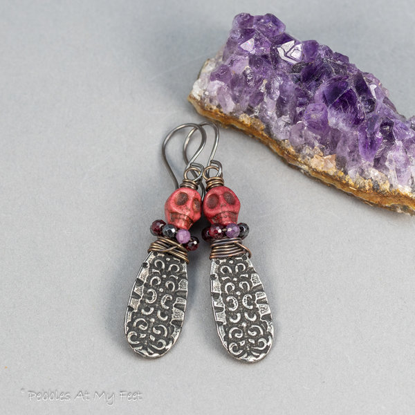 Spooky Skull Earrings, Vintage Look Halloween Gemstone Earrings