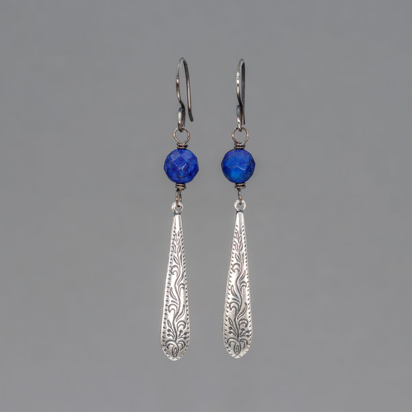 Lapis Dangle Earrings with Victorian Style Silver Teardrops