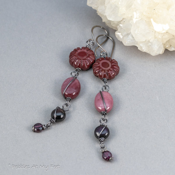 Long Dangle Earrings in Shades of Burgundy and Black, Garnet Obsidian and Mookaite Earrings