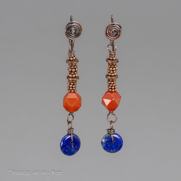 Long Tribal Style Dangle Earrings with Orange and Blue Natural Stones