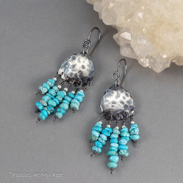 Sterling Silver Earrings Have a Dangling Fringe of Turquoise Chips