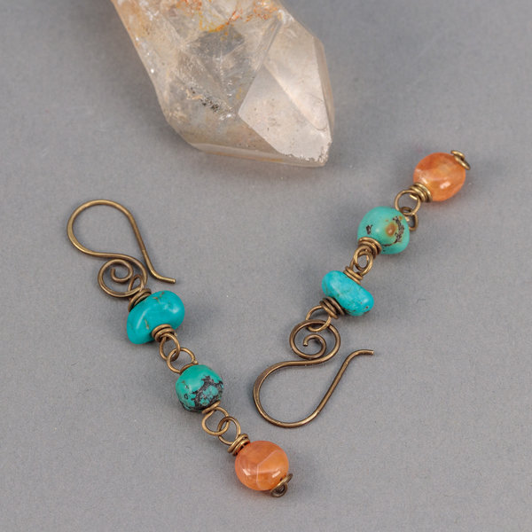 Genuine Turquoise Dangle Earrings with Red Botswana Agate Wired in Brass
