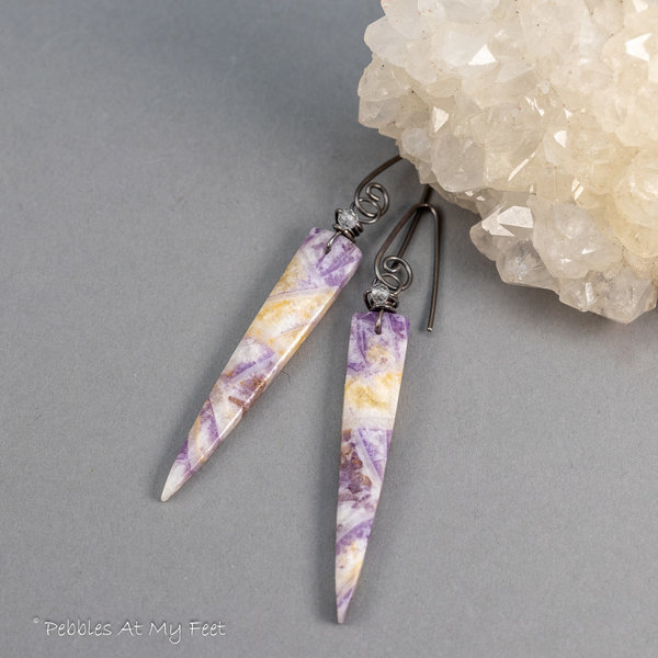 Purple Stone Dagger Earrings with Petrified Fluorite and Topaz 