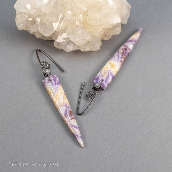 Purple Stone Dagger Earrings with Petrified Fluorite and Topaz 
