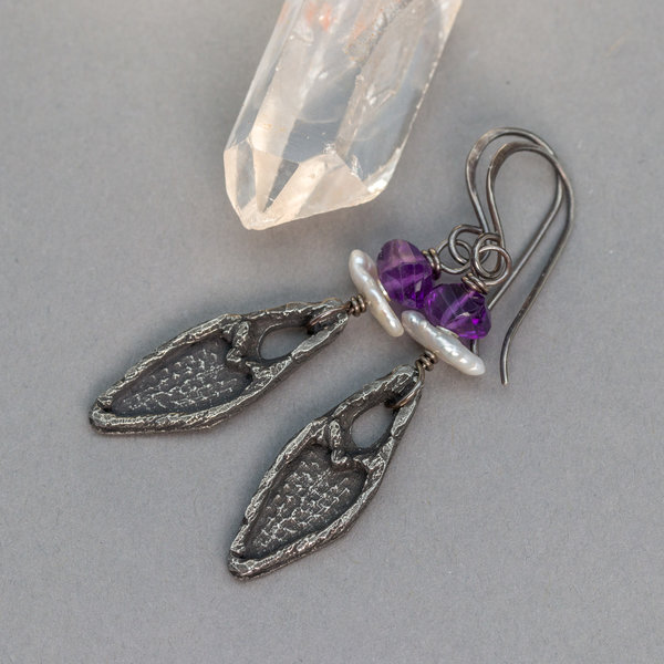 Pearl and Amethyst Gemstone Earrings with Pewter Heart Charms