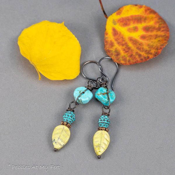 Yellow Leaf Earrings with Genuine Powder Blue Turquoise