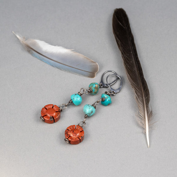 Turquoise Pebbles and Carved Red Jasper Flower Earrings, Jasper and Turquoise Dangle Earrings Handmade