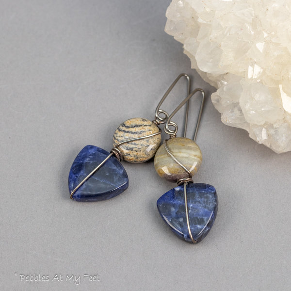 Sodalite Earrings with Beige Jasper, Sterling Silver Blue Stone Earrings with Nickel-free Niobium Hooks