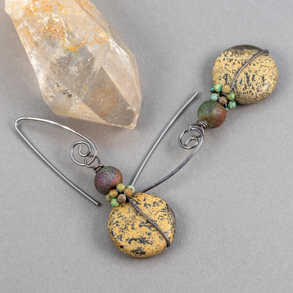 Brown Chohua Stone Earrings Wired in Sterling Silver with Raku Ceramic Beads and Turquoise