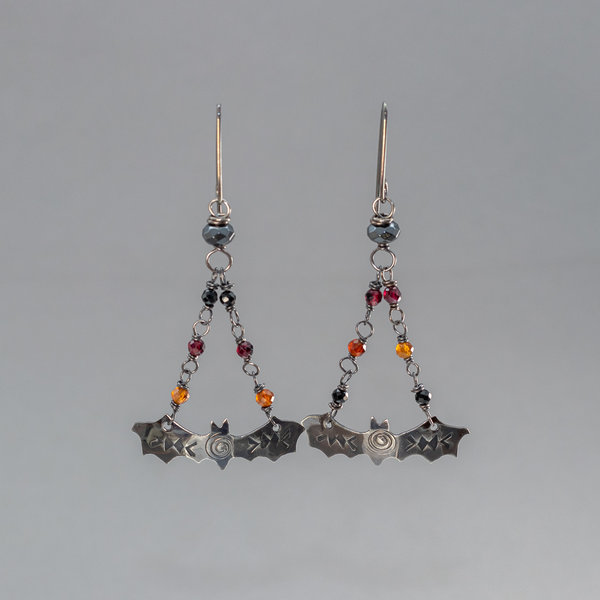 Blackened Silver Flying Bat Earrings Red Orange Black Gemstone Chain