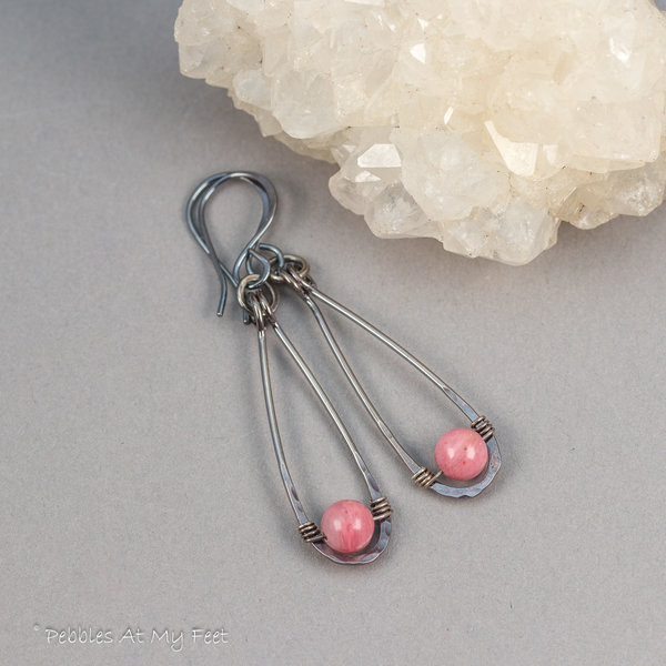 Pink Stone Wire Wrapped Teardrop Earrings in Oxidized Sterling Silver