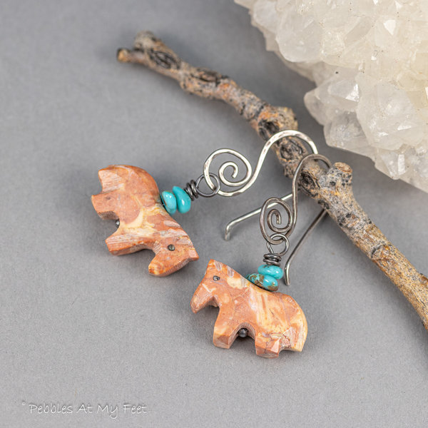Horse Earrings, Southwest Red Stone Horse and Turquoise Earrings