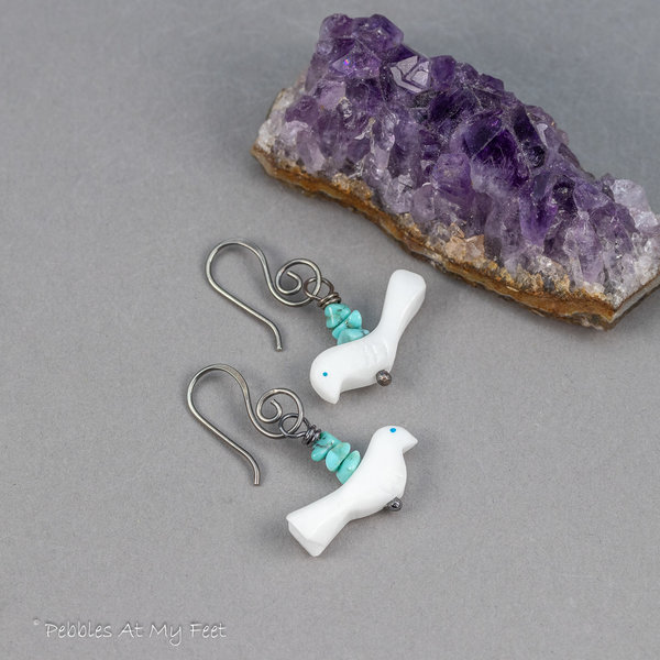 Turquoise and White Stone Carved Bird Earrings
