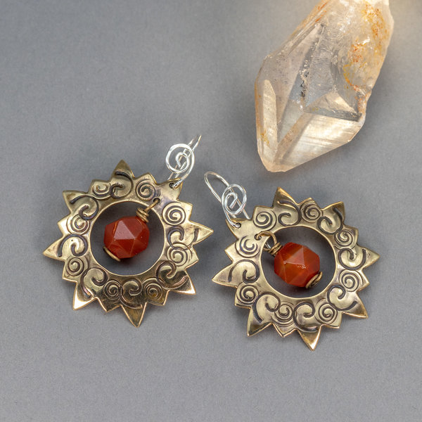Brass Sun Earrings, Carnelian Statement Earrings