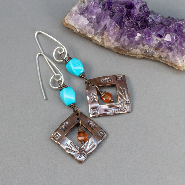Handcrafted Copper Dangle Earrings with Nacozari Turquoise, and Carnelian Gemstones