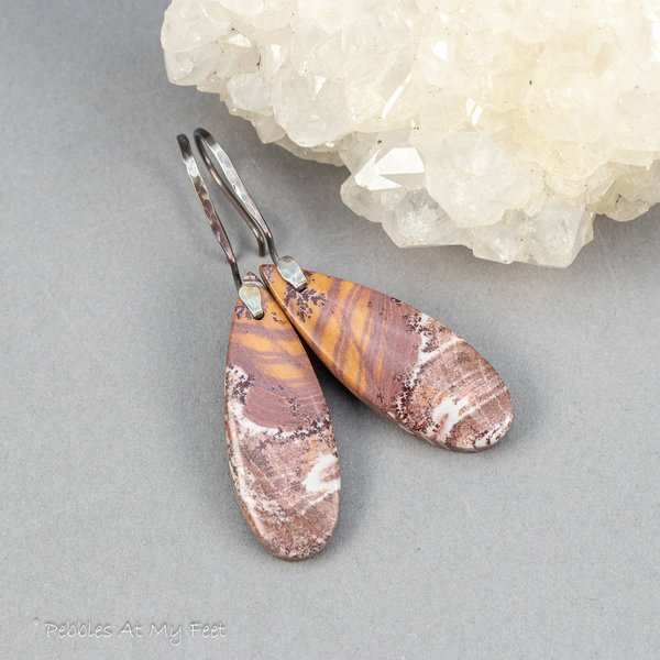 Orange White and Maroon Stone Earrings in Sterling Silver, Sonoran Dendritic Rhyolite Drop Earrings