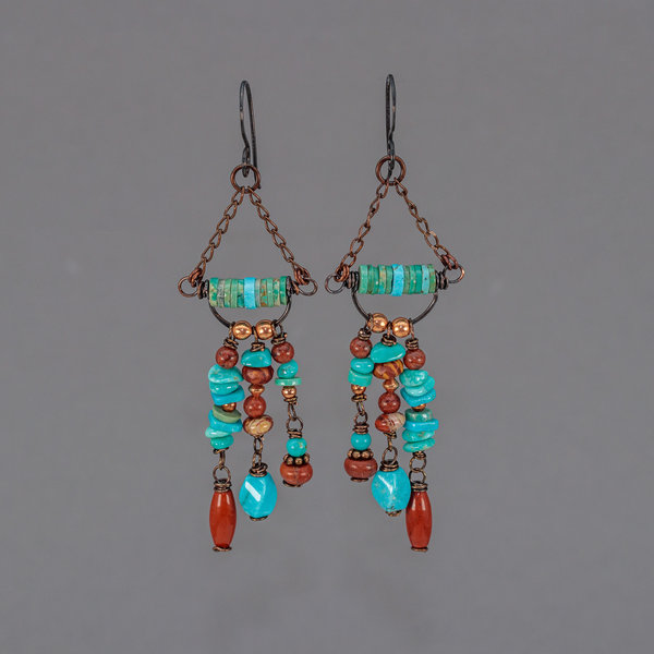 Chandelier Earrings with Three Dangling Strands of Turquoise and Jasper Stones