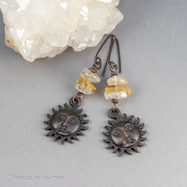 Cheerful Sun Face Earrings with Citrine and Topaz Natural Stones