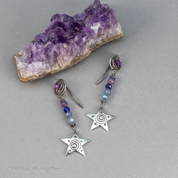 Dainty Silver Star Earrings with Purple and Blue Gemstones