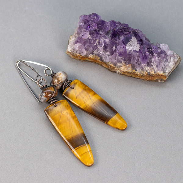 Striking Chatoyant Tiger Eye Earrings, Golden Brown Stone Earrings
