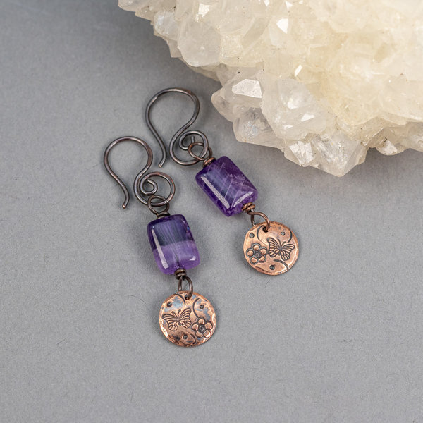 Chevron Amethyst Dangle Earrings with Dainty Handcrafted Copper Charms