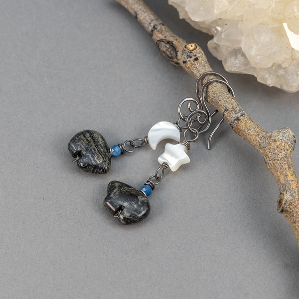 Black Stone Zuni Style Bear Earrings with Moon and Star