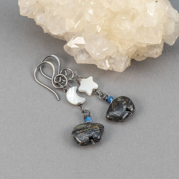 Black Stone Zuni Style Bear Earrings with Moon and Star