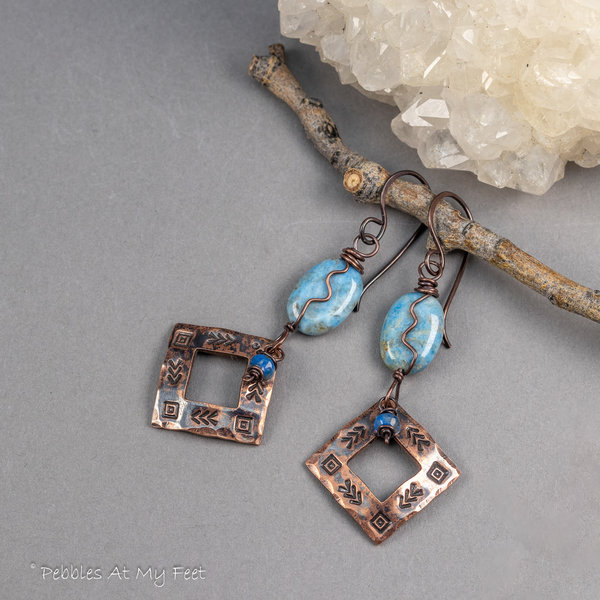 Western Style Handmade Copper Earrings with Denim Lapis Natural Stones