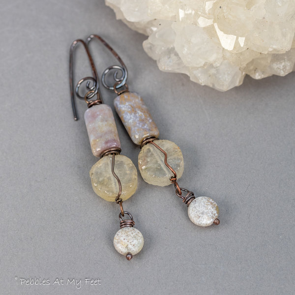 Pale Yellow Stone Earrings, Raw Citrine Earrings in Darkened Copper