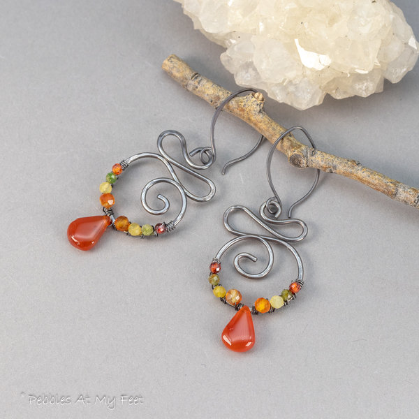 Multi Gemstone Earrings in Fall Colors, Carnelian Sterling Silver Wire Wrapped Earrings