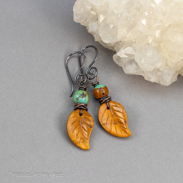 Autumn Earrings, Carved Yellow Jasper Leaf Earrings with Turquoise