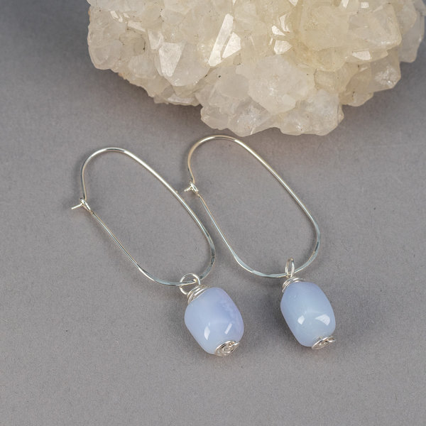Handcrafted Sterling Silver Oval Hoop Earrings with Blue Chalcedony Natural Stones