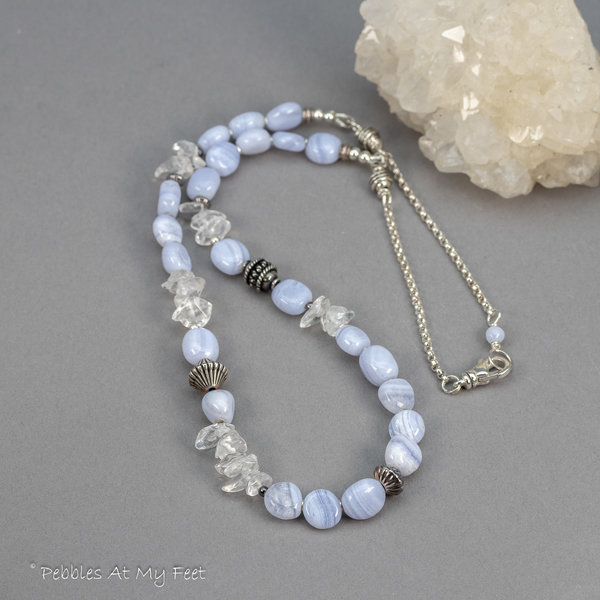Natural Stone Beaded Necklace with Rock Crystal, Blue Lace Agate, and Sterling Silver