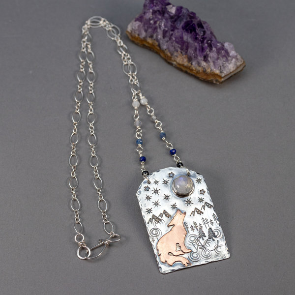 Mixed Metals and Natural Stone Necklace, "Howl" Necklace with Coyote in a Mountain Scene