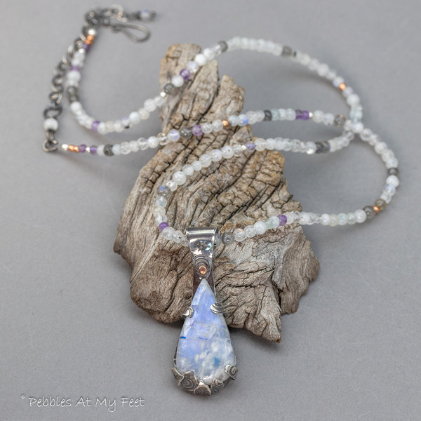 Shimmering Blue Flash Moonstone Handcrafted Pendant on Gemstone Beaded Strand