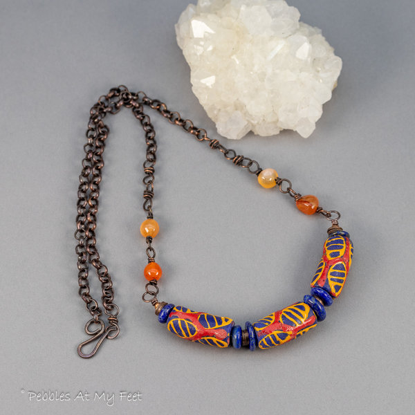 Blue and Orange African Glass Bead Necklace
