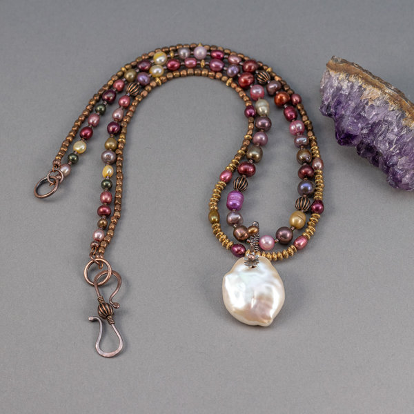 Harlequin Pearl Necklace, Two Strand Multicolor Freshwater Pearl Necklace