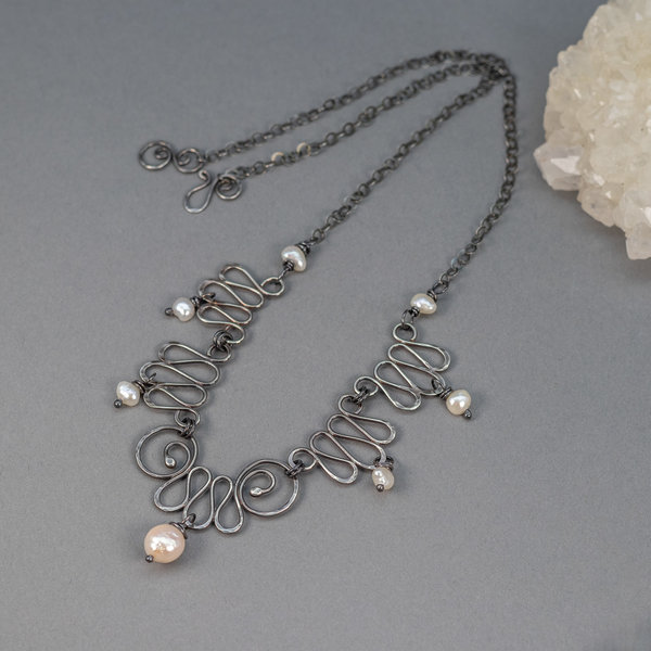 Sterling Silver Collar Necklace in an Art Nouveau Style, Vintage-inspired Pearl Necklace