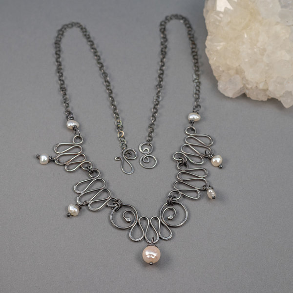 Sterling Silver Collar Necklace in an Art Nouveau Style, Vintage-inspired Pearl Necklace
