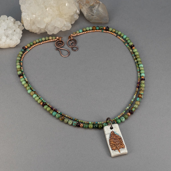 Green Turquoise Beaded Necklace with  Porcelain Tree Pendant