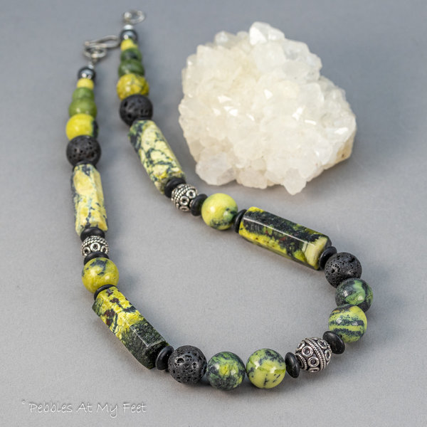 Chunky Bead Necklace, Bright Green and Black Stone Necklace with Silver Accents