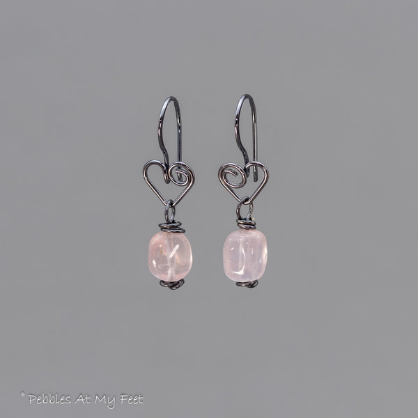 Rustic Heart Earrings with Rose Quartz Pebbles