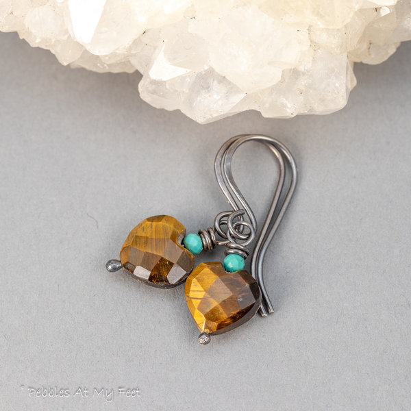 Tiger's Eye Gemstone Heart Earrings Handmade in Sterling Silver