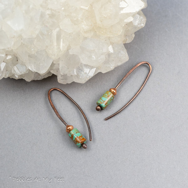 Copper Wire Threader Earrings with Genuine Turquoise Stone