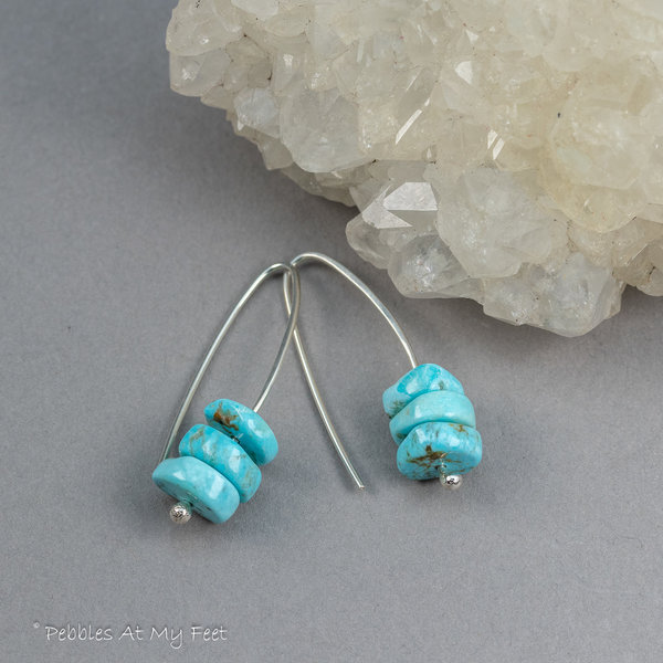 Minimalist Silver Earrings with Rustic Turquoise Disks