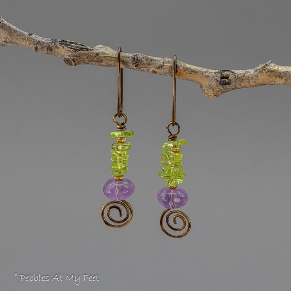 Peridot and Amethyst Gemstone Earrings Handmade in Brass