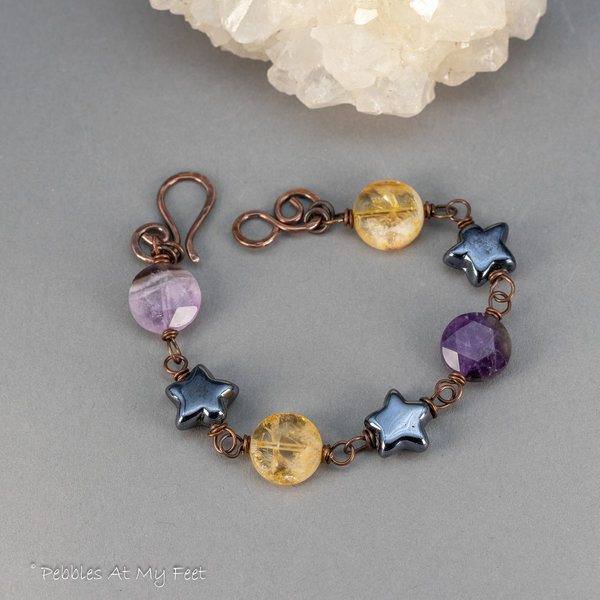 Chevron Amethyst and Citrine Natural Stone Link Bracelet 