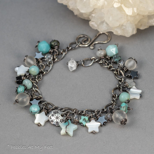 Gemstone Charm Bracelet in Oxidized Sterling Silver, Amazonite and Mother of Pearl Stars